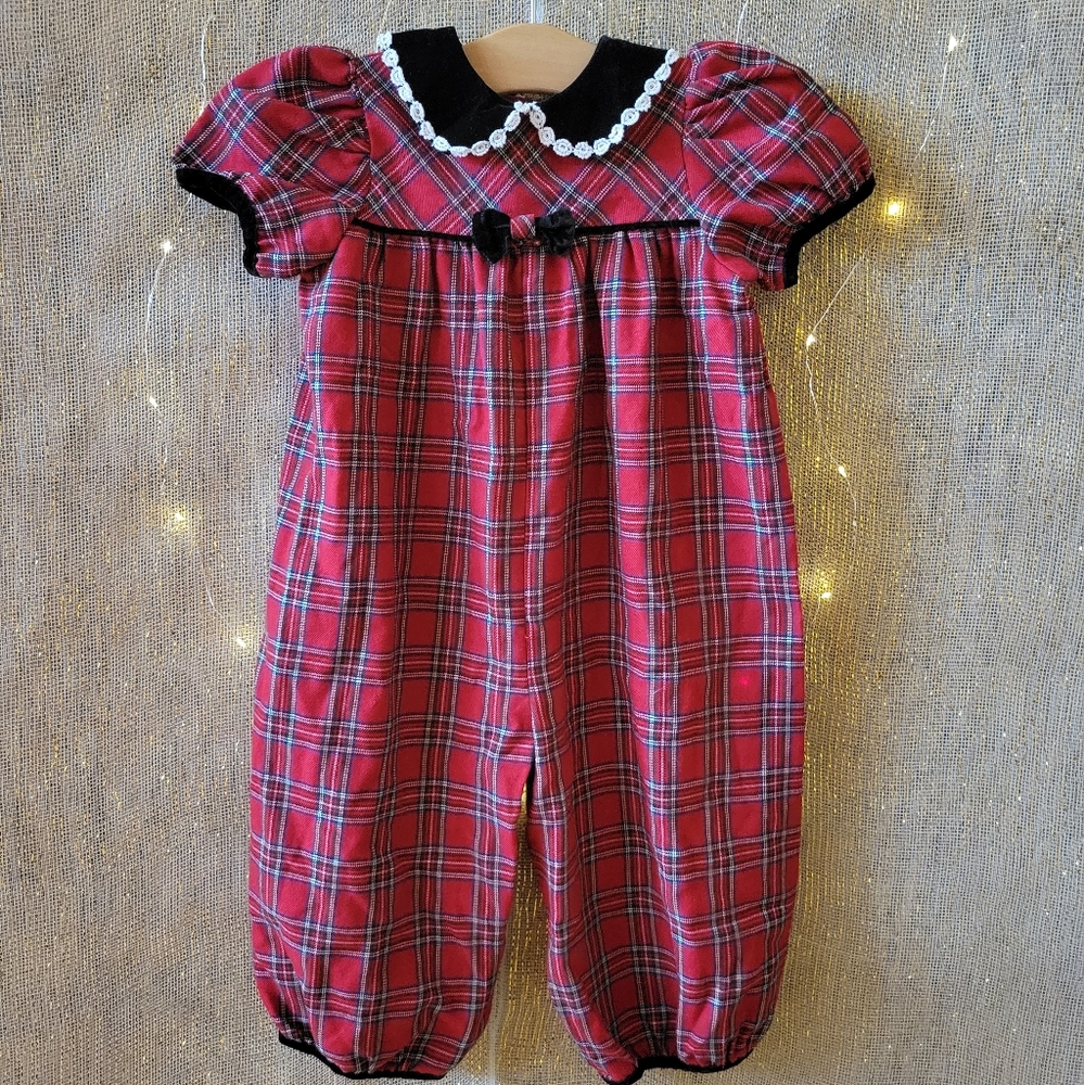 Youngland Red Holiday Plaid Black Velvet Collar Romper 24months